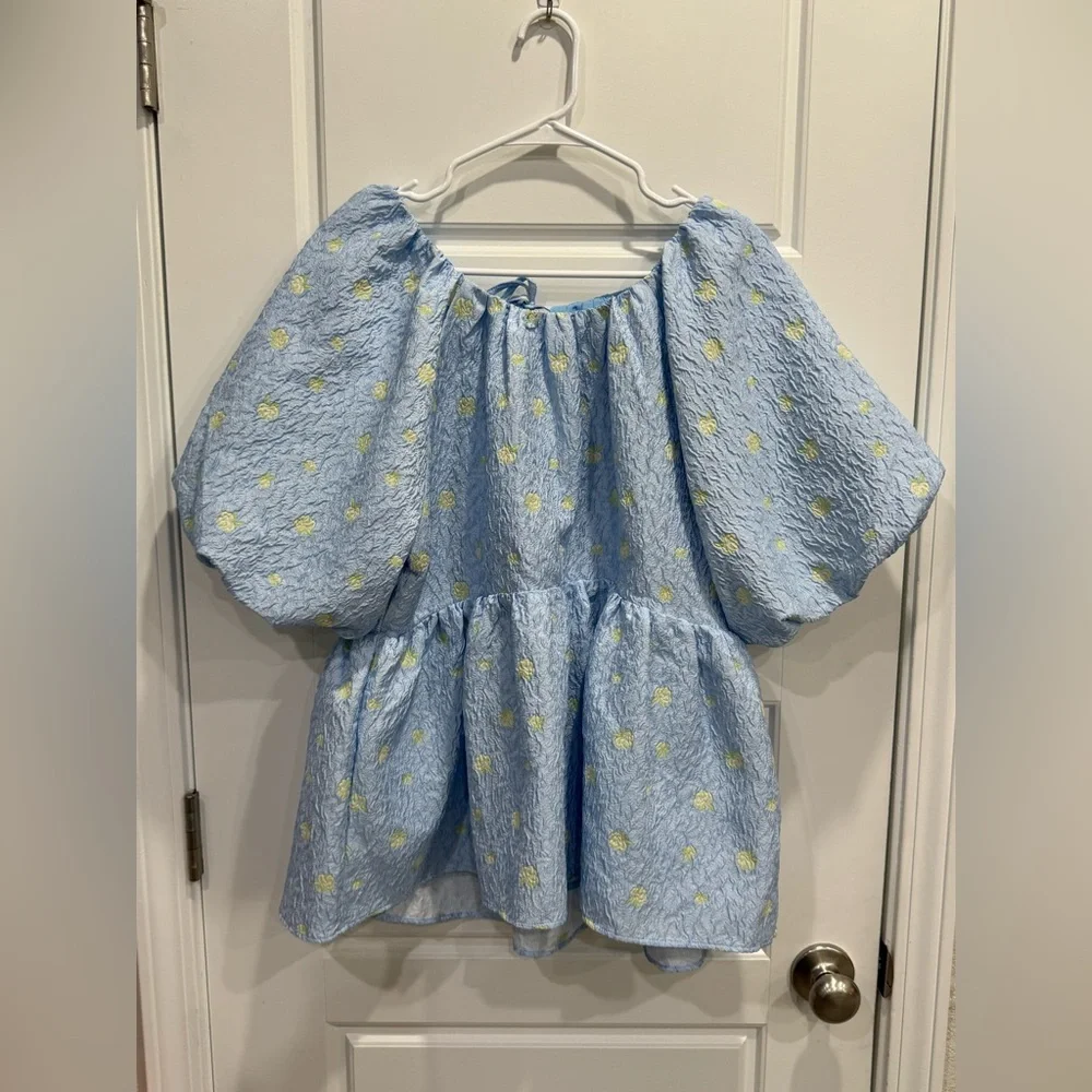 Anthropologie English Factory Jacquard Puff-Sleeve Babydoll Blouse Large - Picture 2 of 6